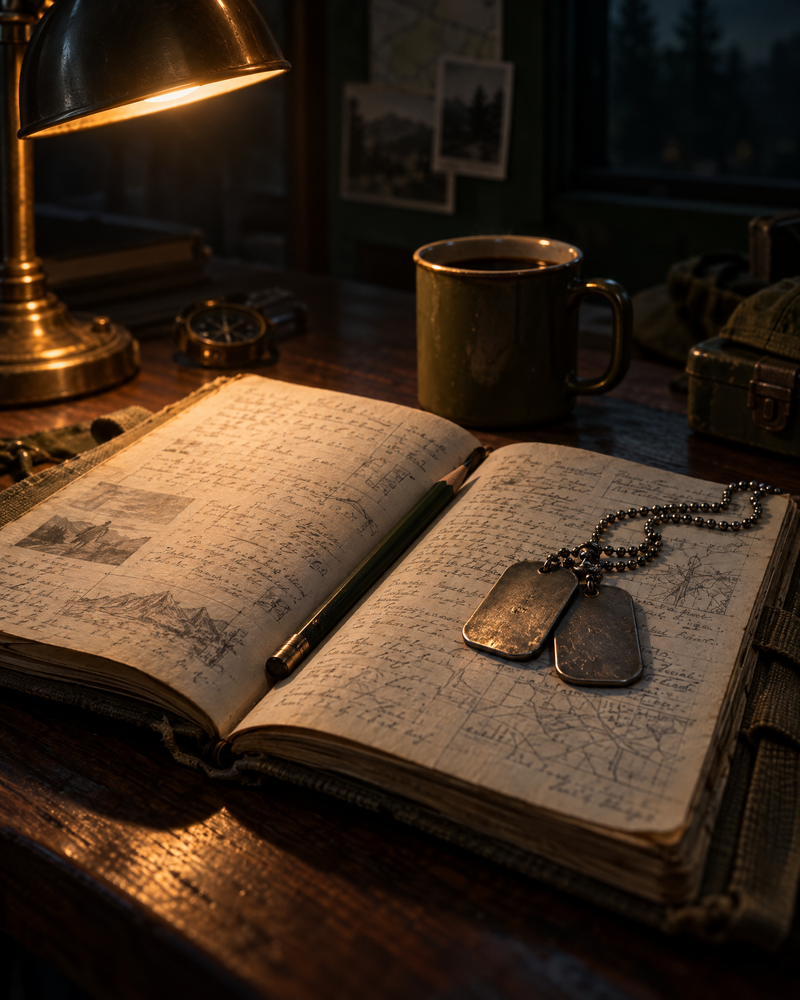 A worn field notebook open under a desk lamp, dog tags resting on the page