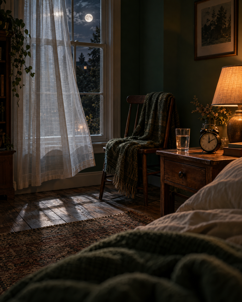 A quiet bedroom at 2 a.m., moonlight through a sheer curtain, a chair with a folded blanket and a bedside clock